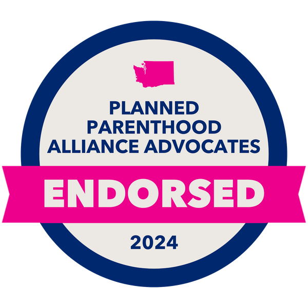 Pink, blue, beige badge with Washington, reading Planned Parenthood Alliance Advocates Endorsed 2024