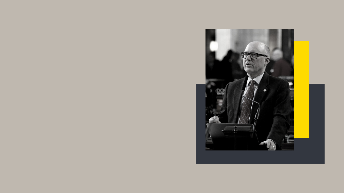 Senator John Arch, who wants to ban abortion, speaks at the Nebraska legislature. Photo is grey scale in collage with yellow and grey.